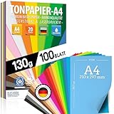 100 Blatt TONPAPIER - Buntes Papier DIN A4-130g/m² Set 20 Farben – Stabil Bastelpapier & Farbige Blätter, Kinder & DIY Bogen, Zubehör zum Basteln - BLAUER ENGEL & PEFC zertifiziert