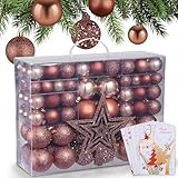 ONBEST Weihnachtskugeln 128-teiliges Set – 1x Baumspitze Glitzer Stern & 127x Kugel – mit Verpackung – Weihnachtsschmuck Deko für Drinnen & Draußen aus Kunststoff – Plus 5X Karte (Braun)