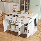 Moderne Kücheninsel mit Bartheke, Steckdose & USB, 120x60x91cm, Küchenzeile mit 2 Schubladen, 3 Türen & verstellbaren Böden, Bartheke mit Handtuchhalter (Weiß)