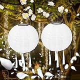 Solar Lampions Außen Wetterfest,2 Stück Solar Lampions 20 cm,Solar Lampions Outdoor mit 4 Quaste,Ballform Nylon Hängende Gartenlaterne,für Garten, Hof, Terrasse, Hochzeit, Fest Deko (Weiß)