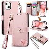 VEEMOS Handyhülle für Apple iPhone 15 Hülle Klappbar Klapphülle Schutzhülle mit Kartenfach RFID Reißverschluss Handy Tasche Leder Flip Case Cover Handytasche Frauen - Rosa