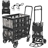 2-in-1 faltbare Sackkarre mit klappbarem Korb, 150 kg Kapazität, robuster Rollwagen mit einziehbarem Griff, 4 Räder und 2 Räder, umwandelbarer Dolly Cart (grau, mit 2 Körben)