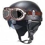 Motorrad-Retro-Halbhelm, Leder-Halbhelm Im Deutschen Stil, ECE-Geprüft, Erwachsene, Männer, Frauen, Vintage, Offener Rollerhelm Mit Schutzbrille Und Verstecktem Visier,Black a,XL