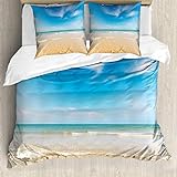 ABAKUHAUS Hawaii Bettwäsche Set für Doppelbetten, Tropic Himmel Meer Landschaft, Weicher Microfaserstoff Allegigeignet kein Verblassen,Creme Blau