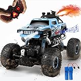 RUINKLUN 1:16 Ferngesteuertes Auto, 2,4 GHz All Terrain Rc Car Monster Truck, 4WD Rock Crawler mit LED-Leuchten und dynamischem Musikspray Truck für Kinder von 8 bis 12 Jahren Erwachsene MK724A Blau