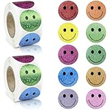 NISENTIA 1000 Stück Smiley Aufkleber, 2 Rollen Smiley Sticker Bunt Glitzer Belohnung 25 mm Happy Face Rund Aufkleber für Belohnungsaufkleber Geschenkdekorationen Partydekorationen