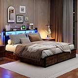 PerGar Doppelbett 160 x 200 cm, Bettrahmen Metallbett mit LED-Licht und PU-Nachtbett mit Eisenrahmen, Stauraumbett mit Kopfteil für Schlafzimmer Gästezimmer, Mattschwarze Tigerhautfarbe