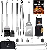 Grillbesteck Set,Grillzubehör Männer Geschenk Weihnachten,Edelstahl Grillkoffer Set of 20,Grill Zubehör mit Grillzange Grillspachtel und Grillschürze, BBQ Grill Set Ideales für Outdoor und Camping