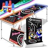 KESSER® Beer Pong Tisch Set mit Kartenspiel Trinkspiel LED-Action inkl. 100 Becher (50 Rot & 50 Blau), 6 Bälle + Regelwerk Partyspiele Table Höhenverstellbar Klappbarer Classic mit Led + Kartenspiel