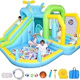 Aufblasbares Bounce House Wasserrutsche, Hüpfhaus für Kinder mit Boxspielhaus, Stand Splash Pool Bouncer Kletterwand Wasserpistole Ball Dart, Hüpfburg W/550W Gebläse für Outdoor Indoor