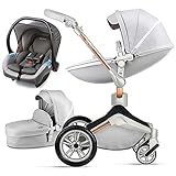 Hot Mom Kinderwagen 2in1/3in1 mit 360-Grad-Drehfunktion, geeignet für 0-48 Monate Baby und Kleinkind, kombiKinderwagen drehbar mit Babywanne/Sportwagen/Autositz, 2023 Neu (Grau 3-1, mit autositz)