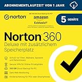 Norton 360 Deluxe mit extragroßer Backup-Kapazität – Amazon Exklusiv* 50GB zusätzlicher Cloud-Backup Speicher. Antivirus Software für 5 Geräte und einem Jahr Laufzeit