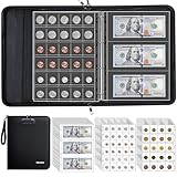 Hontom Feuerfeste Münzen Sammelalbum mit Schloss, 400 Taschen Münzsammelalbum & 36 Papierwährungsbinderhüllen mit Griff, Münzbuch Aufbewahrung für Pfennige, Scheine, Wertmarken, Abzeichen