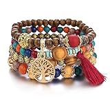 Sternstunde 4 Stück Boho Armbänder Damen, Chakra Armband für Frauen, Schmuck Boho Armreifen mit Holzperlen und Quaste, Chakra Armband, Lebensbaum-Charm, Liebe, Statement-Armreifen (A)