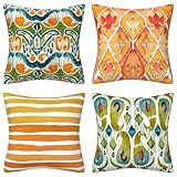 Kissenbezug 4er Set, Grün-Orangefarbenes Aquarell 30x30cm Kissenbezüge Leinen Sofakissen mit Reissverschluss, Quadratisch Kissenhülle Wohnzimmer, Zierkissen für Sofa Zuhause Outdoor Garten Dekor 5102