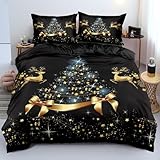Luofanfei Weihnachts Bettwäsche 135x200cm Schwarz Gold Blau Weihnachtsbaum Rentier Warm Weiche Bettwäsche Set Weihnachten Microfaser Bettbezug 135x200 und Kissenbezug 80x80cm mit Reißverschluss
