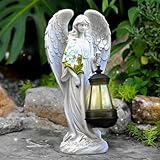 Tuzsocr Solar Engel Gartenstatuen - Schutzengel-Figur mit LED Solar Laterne,Grablicht Outdoor-Deko,Wetterfest Grabschmuck für Friedhof,Engel Skulptur Deko Rasen,Hof,Terrasse,Fensterbank, 33cm