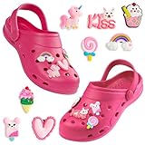 CityComfort Clogs Kinder, Gartenschuhe Badeschuhe Jungen mit abnehmbaren Anhängern (Pink, 36 EU)