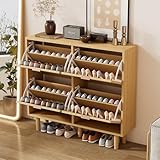 VerveVilla Schuhschrank mit 4 Klappschubladen, Schuhkommode aus Rattan mit Metallgriffen, Schuhregal für Flur, Schlafzimmer, Wohnung,Holzmöbel, Landhausstil, Maße: 100 x 25 x 90 cm