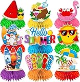 9-Teilige Sommer Bienenwaben Set Hawaii Tischdekoration Aloha Hawaii Deko Hawaii Party Deko für Pool Party, Geburtstag & Luau mit Tiki Flamingo Deko, 3D Tischaufsätzen & Tropischen Motiven