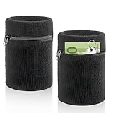 Schweißband mit Reißverschluss 2er Set, Sport Wristband Handgelenktasche mit Praktischer Reißverschlusstasche, Baumwoll Schweißband Arm für Jogging Basketball und Tennis Sport, Schwarz