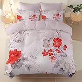 Bettbezug 135 x 200 cm, Orientalisch Tuschemalerei Pfingstrosen Eleganz Wendebettwäsche, Weich Rosa Mikrofaser Bettwäsche, warm 2-teiliges mit Reißverschluss für Kinder Jungen Mädchen Jugendliche