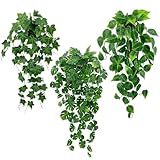 3 Stück Künstliche Pflanzen im Topf, Kunstpflanze Hängend Efeu Efeutute Mostera Wand Wohnzimmer Bad Regal Deko, Hängepflanze Künstlich Wie Echt, Plastik Pflanze mit Töpfe,Fake Plant Indoor Outdoor