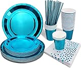 Partygeschirr-Set, 96 Stück Wiederverwendbares Pappteller-Besteck, inklusive Pappbecher, Papierhandtücher, Pappteller, Strohhalme gelten Geburtstage, Jubiläen, Hochzeiten