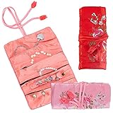 PH PandaHall 2 Stück Schmuck-Organizer-Rolle, Blumen Brokat Tasche Stickerei Schmuck Tasche Faltbare Blumen Seide Tasche Aufbewahrungskoffer mit Bindeverschluss für Ringe Halsketten Ohrringe Armbänder