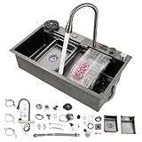 TONFEION Edelstahl Spülbecken Schwarz Spüle, Wasserfall-Küchenspüle mit LED-Anzeige, Einbauspüle mit Ausziehbarer Wasserhahn, Multifunktionale Edelstahlspüle Set, Küche Spüle, 80x46x20