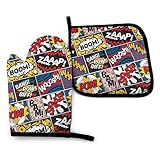 ACOGO Pop Art Boom Hitzebeständige heiße Ofenhandschuhe & Topflappen für die Küche, Geschenk-Set mit rutschfestem strukturiertem Griff, 2 Stück, Ofenhandschuhe für Grillen, Kochen, Backen, Grillen