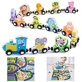 Montessori Spielzeug ab 1,2,3 Jahr, 13-Teiliger Hölzerne Tiere Zahl Zug, Magnetisches Tier Holzzug mit Spielmatte, Motorikspielzeug Lernspielzeug für Junge Mädchen