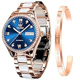 OLEVS Armbanduhr für Damen, automatisch, selbstaufziehend, mechanisch, großes Zifferblatt, Keramikarmband, Herz, Diamanten, Keramikband, leuchtend, wasserdicht