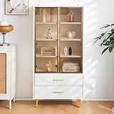 MQLAE Glasvitrine mit Zwei Türen - Vitrinenschrank Weiss, goldene Beine, bewegliche Einlegeböden, Vitrine mit LED-Licht, Wohnzimmer Schrank, Hochschrank, Glasvitrine Stehend, 70x35x150cm (A)