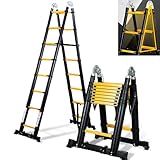 Cecaylie 5M (2.5+2.5) Teleskopleiter Klappleiter Aluminium mit Abnehmbarem doppelten Umlenkrollen Max Belastung 150 KG/330 Pfund, Ausziehleiter, Rutschfester, Schwarz Gelb