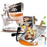 LIKAYA® [BUNDLE] Plancha Edelstahl Grillplatte + Burger-Smasher Set – 4x Grillspachtel & Burger Smasher mit FSC®-Akazienholzgriff – Perfekte Smash Burger auf Deinem Grill!