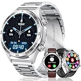 MEGALITH Smartwatch Herren Fitness Armbanduhr: Telefonfunktion Rund Fitnessuhr mit 3 Armband - Blutdruckmessung Pulsuhr Smart Watch Silber Wasserdicht