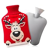 dusaniyali Wärmflasche mit Bezug,2L Wärmeflasche Kinder mit Strickbezug,Wärmflasche Tier PVC Hot Water Bottle für Erwachsene Kinder Weihnachten Geschenke (Rentier)