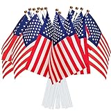 AhfuLife Klein USA Flagge für Amerika Wahltag Deko 2024, 15 Stück Amerikanische Mini Handgehaltene Flaggen mit 30cm weißem Pole für 2024 Unabhängigkeitstag 4. Juli Fans Fußball WM Euro USA Party Deko