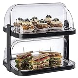 APS Buffetvitrine „Doppeldecker“ – 2 beidseitig aufklappbare, transparente Rolltophauben, 2 Edelstahl-Tabletts, 4 Kühl-Akkus, platzsparend lagerbar – Made in Germany, Schwarz