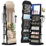LVSOMT LED Schmuckschrank mit Gewellt Spiegel, 360° Drehbarer Schmuckschrank Abschließbar, Bogen Spiegelschrank Stehend Wohnzimmer Schlafzimmer, 3 Regal & 3 Häkchen, Geschenke für Damen, Schwarz