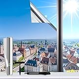Evofensteere (Silber 90X200cm) UV-Schutz Sonnenschutzfolie Fenster innen oder außen,Selbstklebend Ohne Rückstände Thermofolie Fenster Gegen Hitze, spiegelfolie Fenster sichtschutz für Büro und Haus