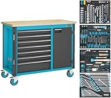 Hazet Werkstattwagen 179NW-7/210, 7 Schubladen, 210-teiliges Werkzeugsortiment, Holzarbeitsfläche, 1000 kg Tragkraft, Kabeldurchlass, Verriegelungssystem, Werkzeugwagen