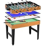 HOMCOM Multi Spieltisch 4-in-1-Tisch mit Billardtisch Tischfußball Tischtennis Multifunktionstisch mit Zubehör für Erwachsene Naturholz+Schwarz 107 x 61 x 84,5cm
