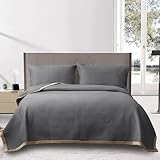 OKYUK Luxuriöse Tagesdecke 220x240 cm mit 2 Kissenbezügen, Washcotton mit Samtkante, Gesteppte Steppdecke Maschinenwaschbar, als Bettüberwurf oder Sofaüberwurf,Mehrfarben (Dunkelgrau)