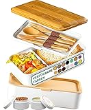 Umami Lunchbox Erwachsene, Auslaufsichere Bento Box mit Fächern und 4 Holz Bestecke, Brotdose Erwachsene, Salatbehälter To-Go, Lunch Box für Picknick/Büro, Schneeweiß & Tan, 1200 ml