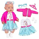 Zouonou Baby Puppen Puppenkleidung 35-43 cm, 5-teiliges Outfit mit Magenta Jacke, Coole Brille + Kleid + Socken + Kleiderbügeln Babypuppe Kleidung Zubehör für 14-17 Zoll Baby Puppen (Ohne Puppe)