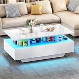YITAHOME Couchtisch Weiß, Wohnzimmertisch Hochglanz mit 16-Farbiger LED Beleuchtung Modern, Beistelltisch Weiss mit Offenem Ausstellungsregal und 4 Ausziehbaren Schubladen 90x55x41,1 cm