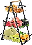 Evereden 3-stöckiger Obstkorb, tragbare Obstschale mit abnehmbarem Metallhalter, Obsthalter mit Holzgriff zur Aufbewahrung von Obst, Gemüse, Brot, Snacks, Schwarz