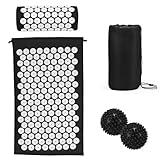 Akupressurmatte Akupunktur matte mit Kissen gegen Nacken und Rückenschmerzen, Akkupressmatte für die Magnetfeldtherapie, Inklusive Tragetasche und zwei Massagekugeln für Frauen und Männer - Schwarz